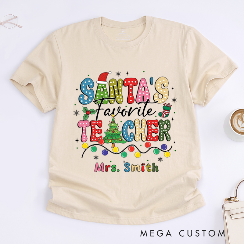 Personalized Teacher Christmas T-Shirts Cute Santa's Favorite Teacher Design Shirt Christmas Gift for Teachers