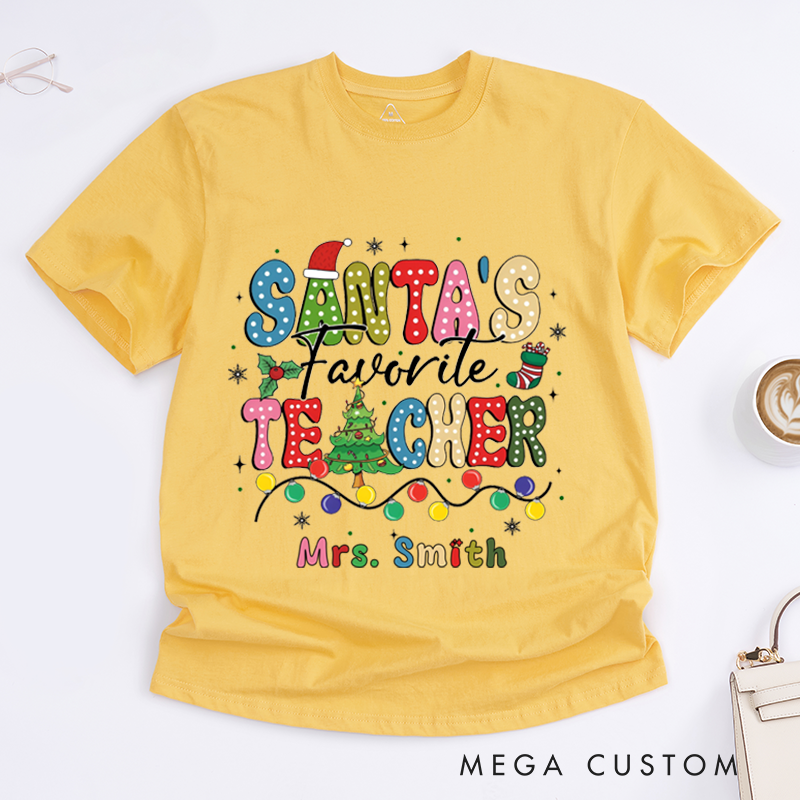 Personalized Teacher Christmas T-Shirts Cute Santa's Favorite Teacher Design Shirt Christmas Gift for Teachers