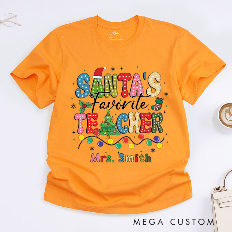 Personalized Teacher Christmas T-Shirts Cute Santa's Favorite Teacher Design Shirt Christmas Gift for Teachers