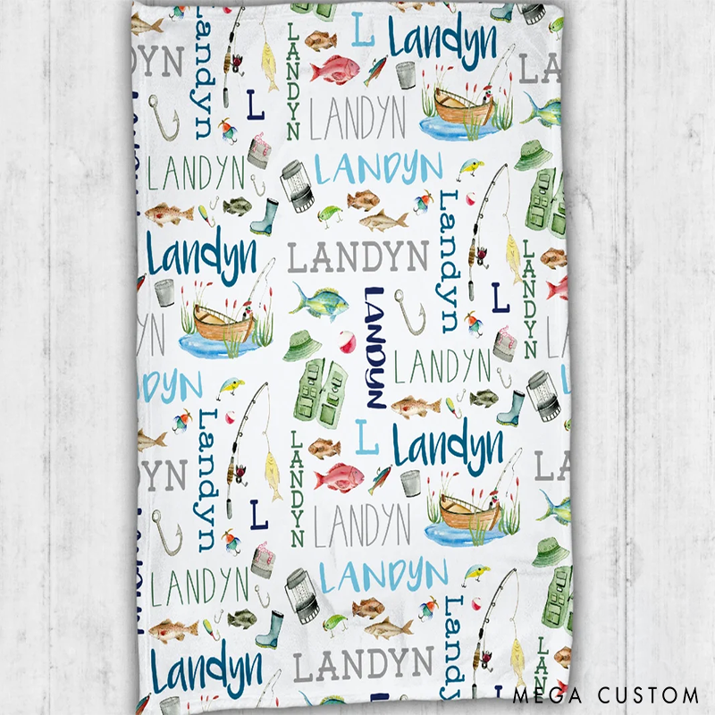 Personalized Fishing Blanket Fishing Blanket Name Pattern Baby Blanket Fishing Themed Blanket Perfect Gift for Fishing Lover
