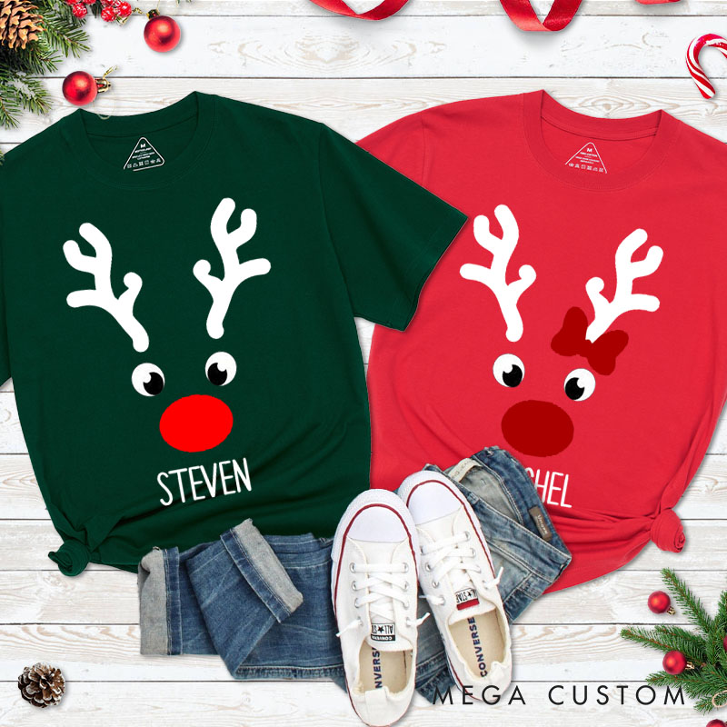 Personalized Couple Cute Reindeer Faces with Antler Christmas Matching T-Shirt Couple Xmas T-Shirt for Husband Wife Boyfriend Girlfriend