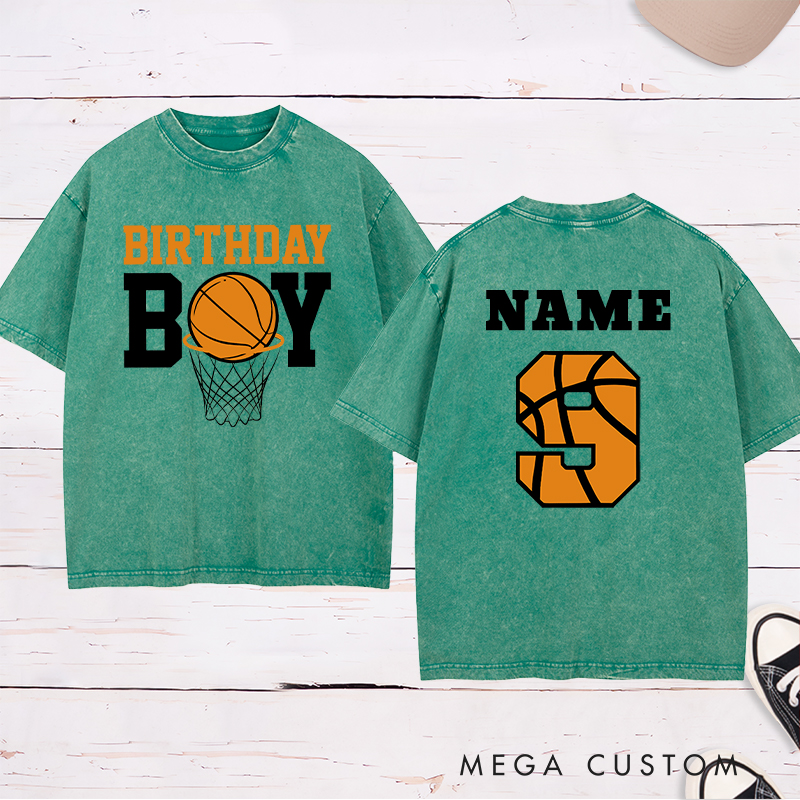 Personalized Washed T-Shirt Design Featuring a Basketball Birthday Theme with Customizable Name and Age for a Fun and Unique Celebration