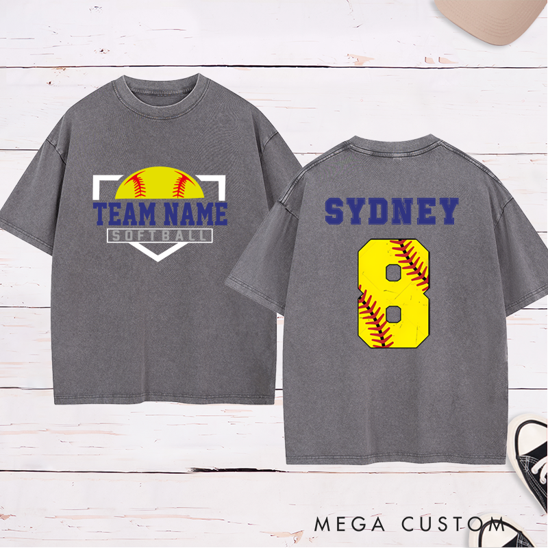 Personalized Softball Washed T-Shirt Design Featuring Custom Team Name on the Front and Player Name with Jersey Number on the Back