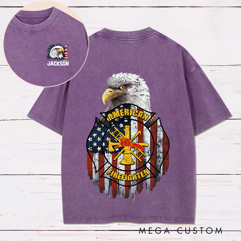 Personalized Firefighter Washed T-Shirt American Firefighter Bald Eagle and Flag Patriotic Design Unique Gift for Firefighters