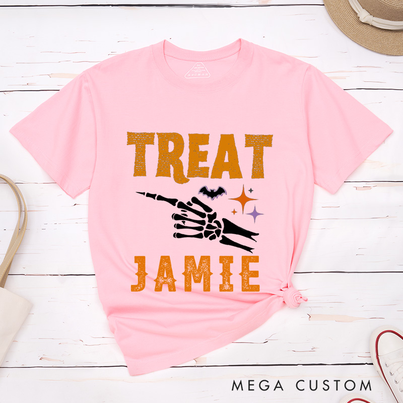 Personalized Halloween Trick Or Treat Funny Couple Matching T-Shirt Skeleton Finger Couple Shirt