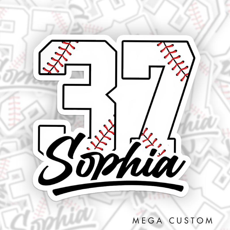 Personalized Baseball Sticker with Bold Number and Custom Name Design