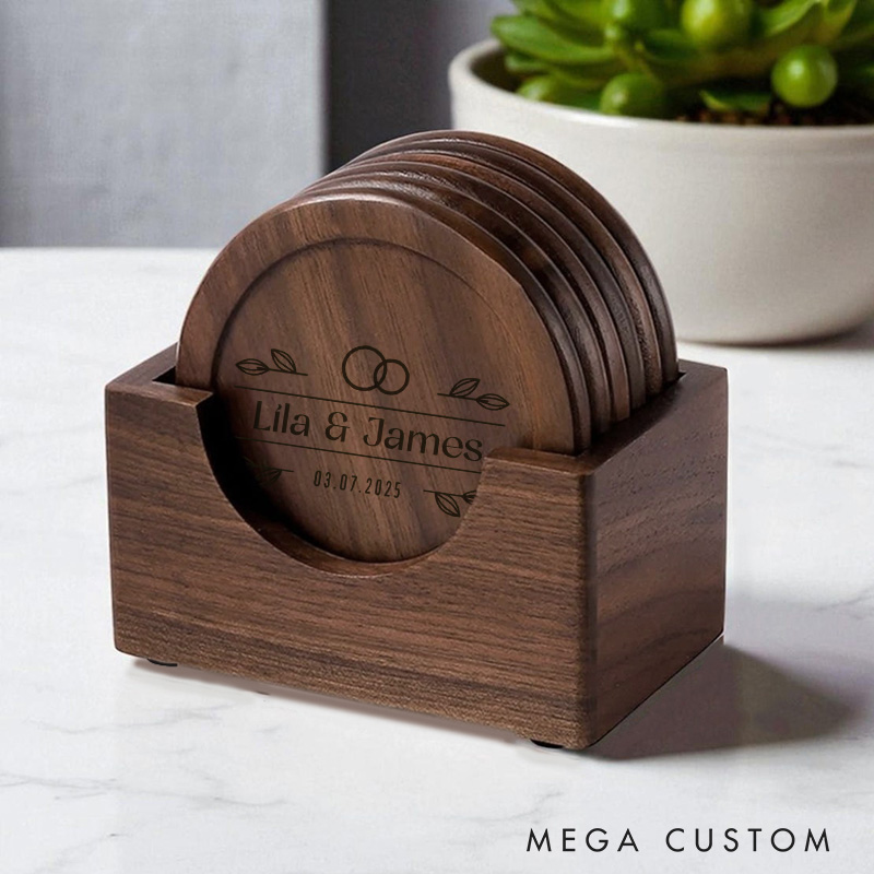 Personalized Engraved Rings and Leaves Wedding Couple Walnut Wood Coaster Set