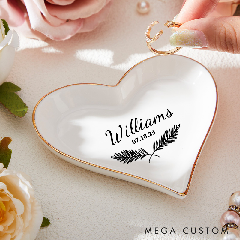 Personalized Classic Fern Wedding Monogram with Date Wedding Engagement Gold-Trimmed Ring Dishes