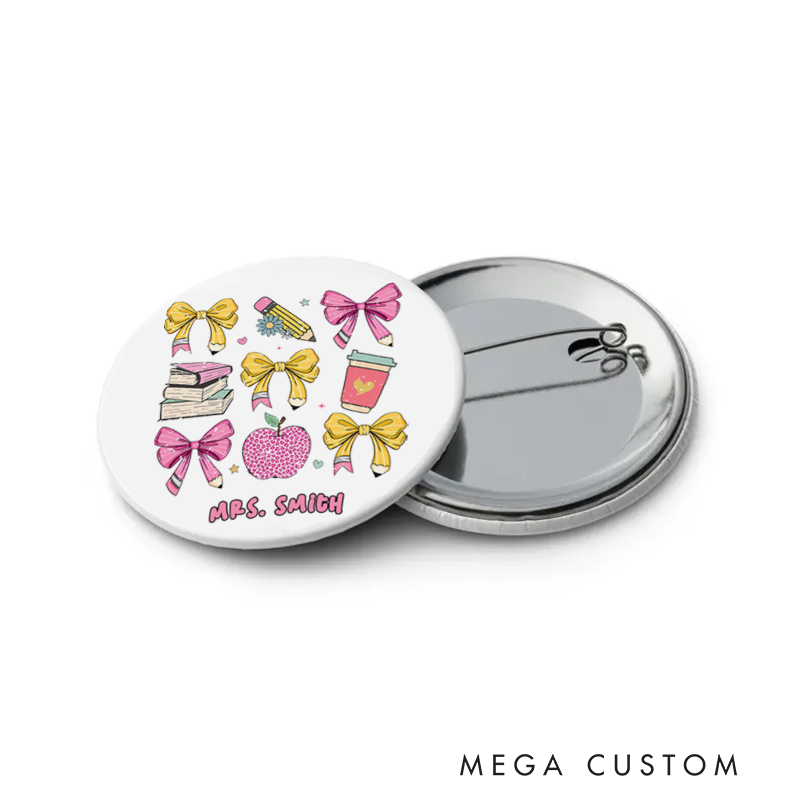 Personalized Teacher Button PinCoffee Book Pencil Apple Fun Badge Gift Teacher Appreciation Gift