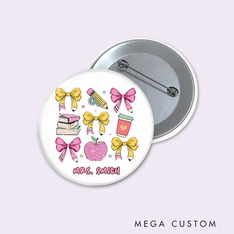 Personalized Teacher Button PinCoffee Book Pencil Apple Fun Badge Gift Teacher Appreciation Gift