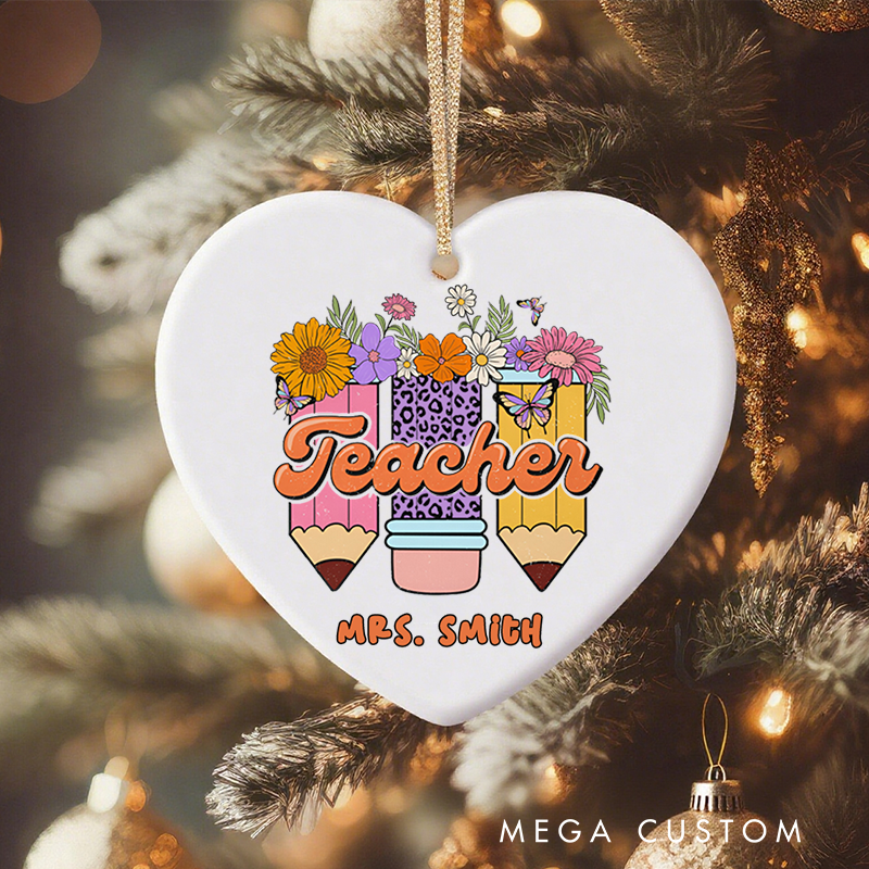 Personalized Teacher Christmas Ornament Teacher Flowers Pencil Teachers Appreciation Ornament Gift