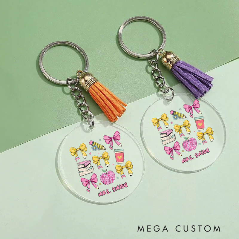 Personalized Acrylic Tassel Keychain for Teachers Customized Coffee Book Pencil Apple Design Keychain Teacher Appreciation Gift 