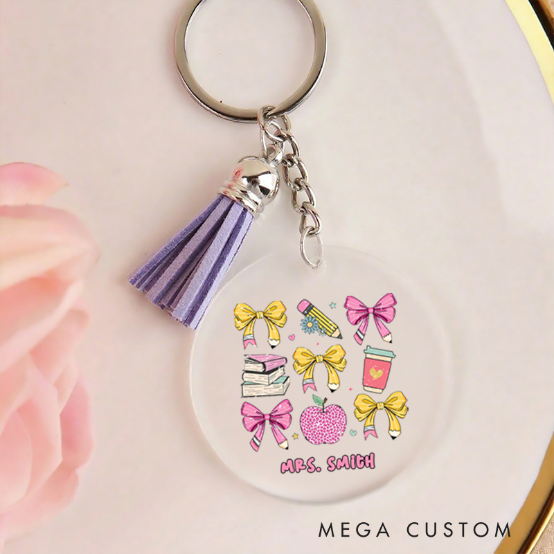 Personalized Acrylic Tassel Keychain for Teachers Customized Coffee Book Pencil Apple Design Keychain Teacher Appreciation Gift 