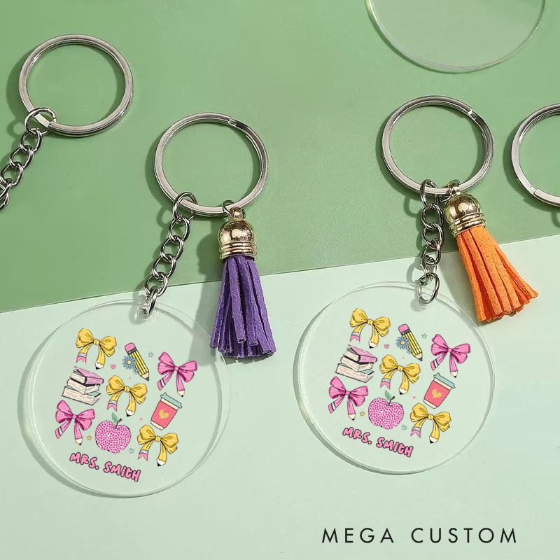 Personalized Acrylic Tassel Keychain for Teachers Customized Coffee Book Pencil Apple Design Keychain Teacher Appreciation Gift 