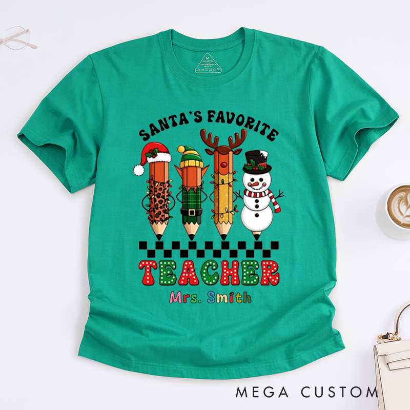 Personalized Teacher Christmas T-Shirts Santa's Favorite Teacher Snowman Pencil Design Shirt Christmas Gift for Teachers