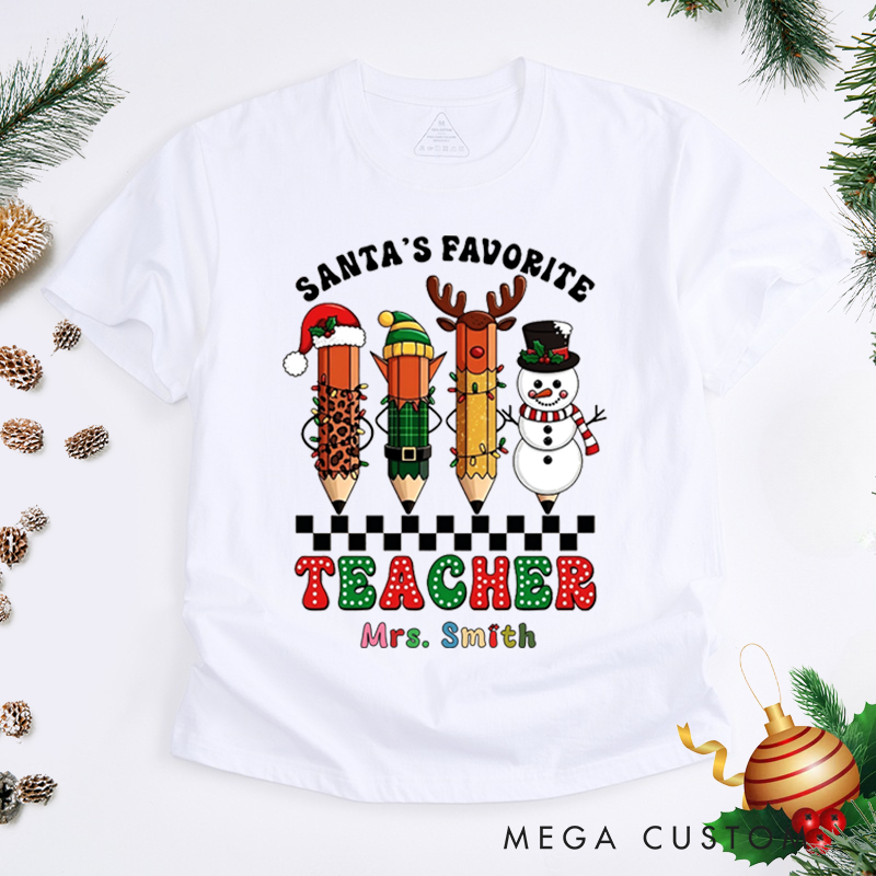 Personalized Teacher Christmas T-Shirts Santa's Favorite Teacher Snowman Pencil Design Shirt Christmas Gift for Teachers
