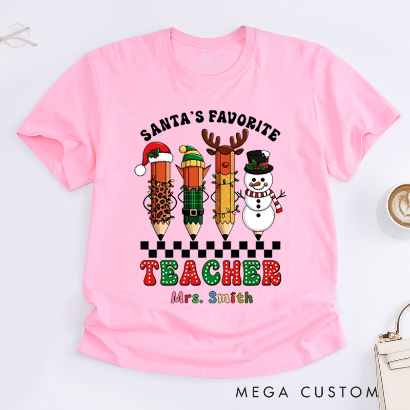 Personalized Teacher Christmas T-Shirts Santa's Favorite Teacher Snowman Pencil Design Shirt Christmas Gift for Teachers