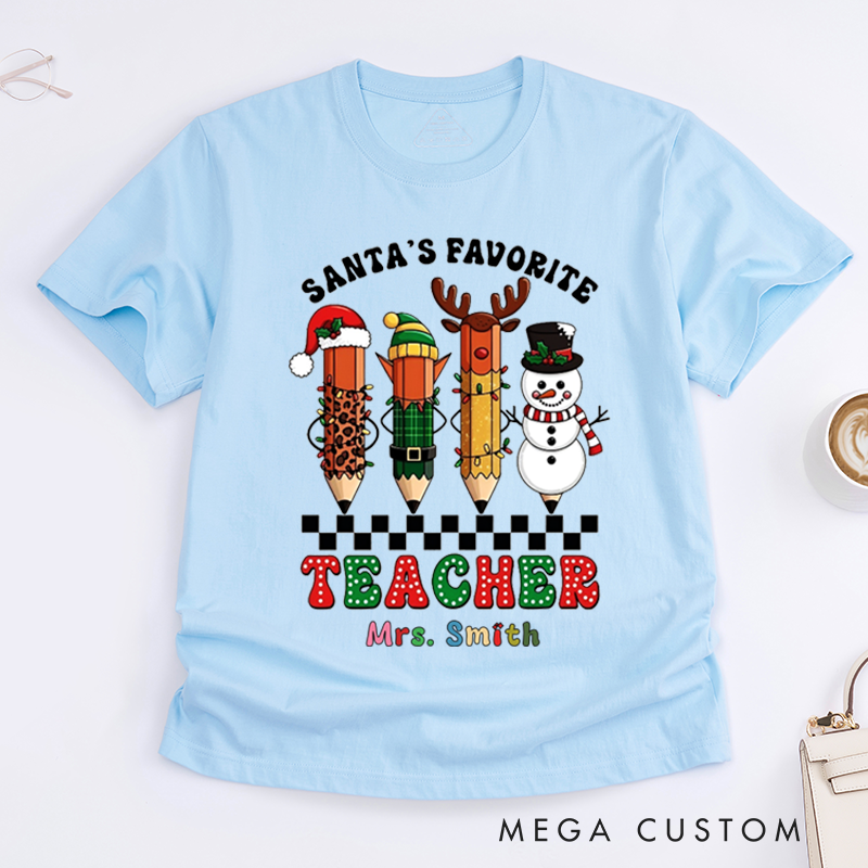 Personalized Teacher Christmas T-Shirts Santa's Favorite Teacher Snowman Pencil Design Shirt Christmas Gift for Teachers