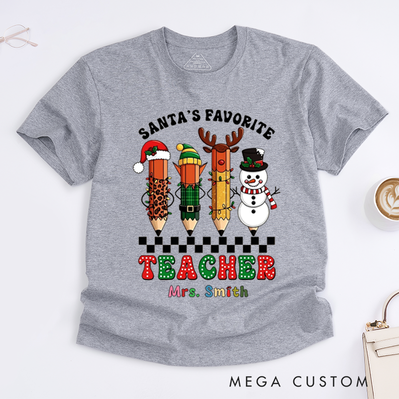 Personalized Teacher Christmas T-Shirts Santa's Favorite Teacher Snowman Pencil Design Shirt Christmas Gift for Teachers