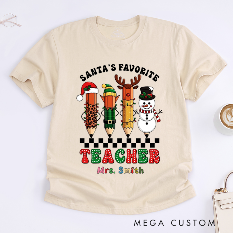Personalized Teacher Christmas T-Shirts Santa's Favorite Teacher Snowman Pencil Design Shirt Christmas Gift for Teachers
