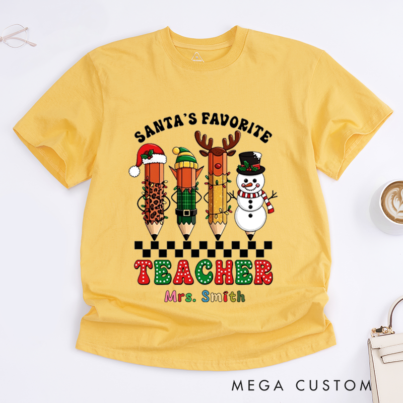 Personalized Teacher Christmas T-Shirts Santa's Favorite Teacher Snowman Pencil Design Shirt Christmas Gift for Teachers