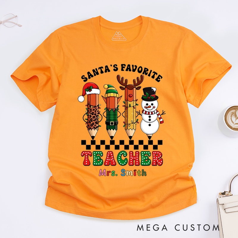 Personalized Teacher Christmas T-Shirts Santa's Favorite Teacher Snowman Pencil Design Shirt Christmas Gift for Teachers