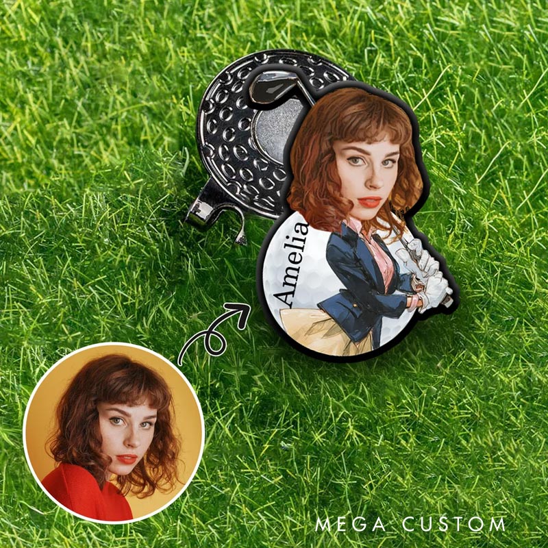 Personalized Face Photo Golf Character Golf Ball Marker Magnetic Hat Clip with Name Gift for Golf Players Lovers