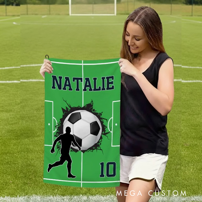 Personalized Character Silhouette Sports Towel with Name Number and Hanging Clip Game Day Gift for Sports Lovers
