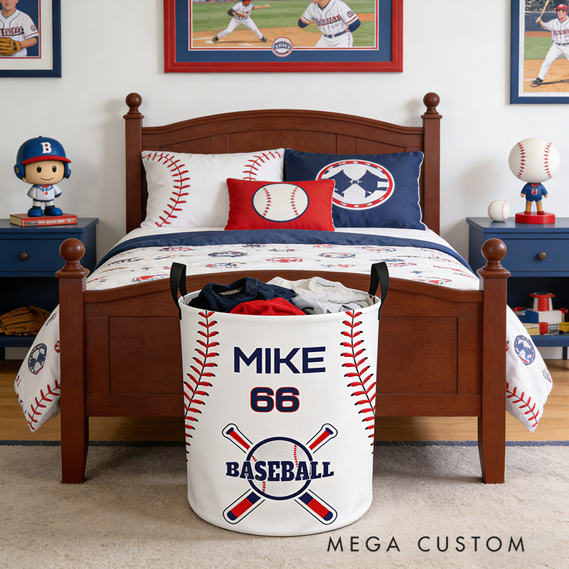 Personalized Baseball Laundry Basket Baseball Pattern Printed with Custom Name and Number