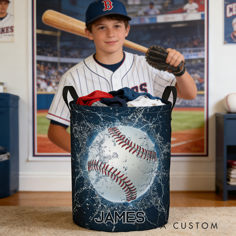 Personalized Baseball Laundry Basket Water Splash Baseball Printed with Custom Name