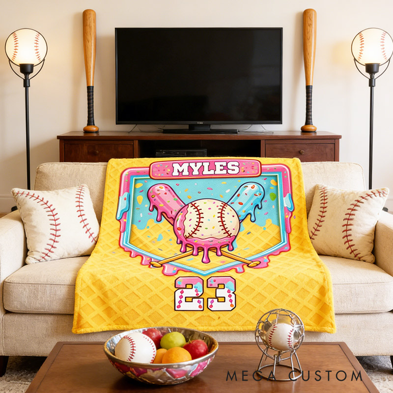Personalized Baseball Blanket with Melting Ice Cream Baseball Custom Name and Number Baseball Lovers