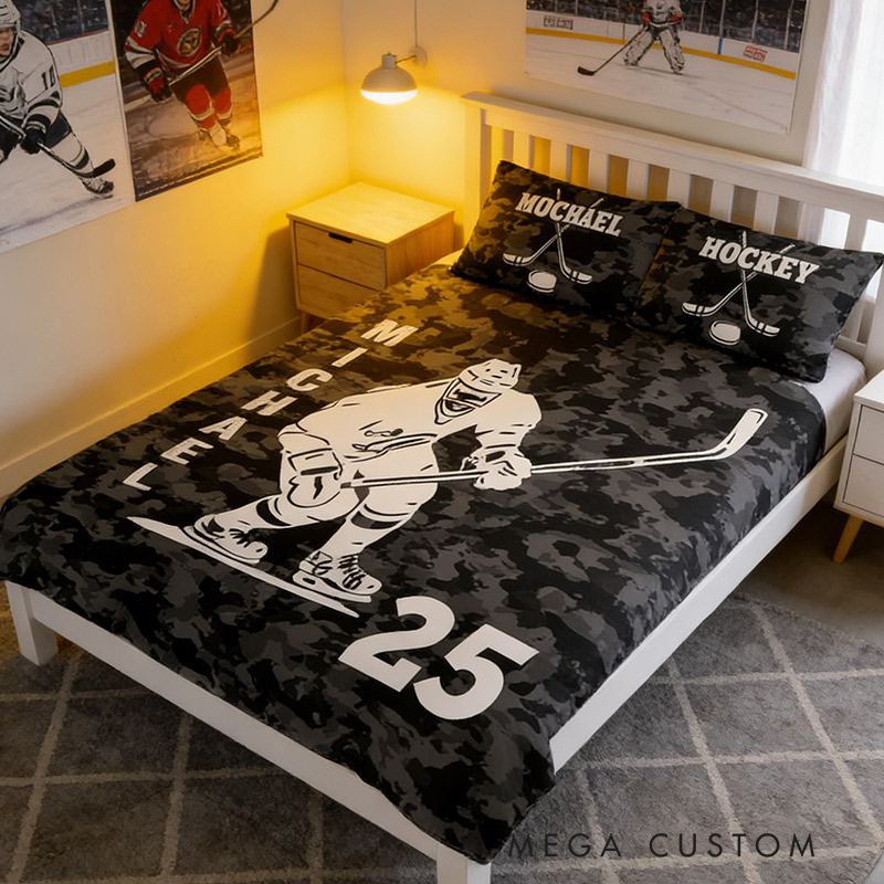 Personalized Hockey Player Bedding Set with Custom Name and Number Hockey Lovers Gift for Him
