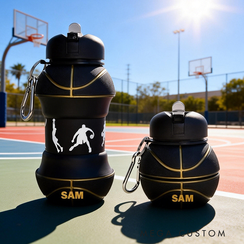 Personalized Foldable Basketball Water Cup Silicone Basketball Sports Water Bottle Custom Name Gift for Basketball Lovers