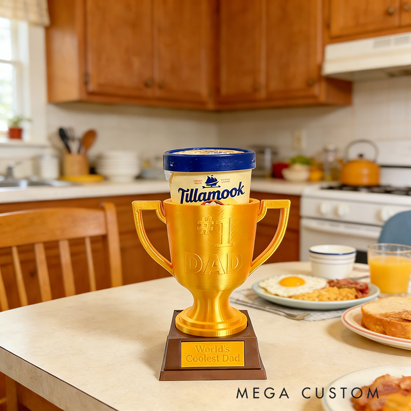 Personalized Champs Trophy Ice Cream Pint Holder Sports Golden Trophy with Custom Text and Number Gift for Dad