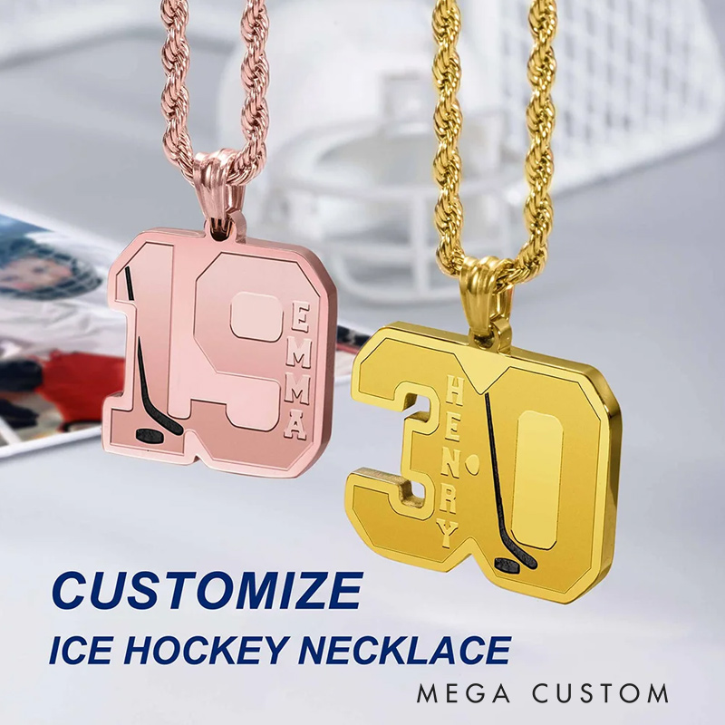 Personalized Ice Hockey Necklace with Engraved Name Number Match Day Birthday Gift for Ice Hockey Players Sport Lovers