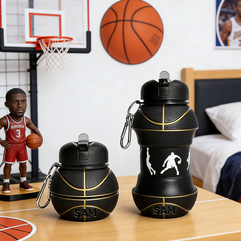Personalized Foldable Basketball Water Cup Silicone Black Golden Basketball Sports Water Bottle Custom Name Gift for Basketball Lovers