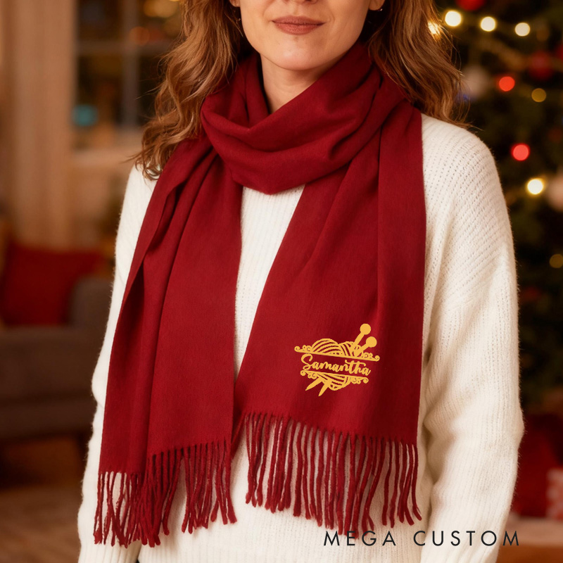 Personalized Super Soft Warm Scarf with Embroidered Knitting Yarn and Custom Name Gift For Knitting Lovers