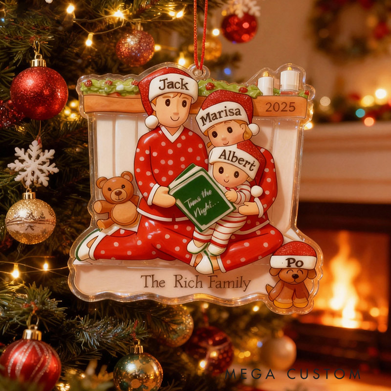Personalized Christmas Reading Ornament Reading Pajama Family of Three Custom Name Gift for Family