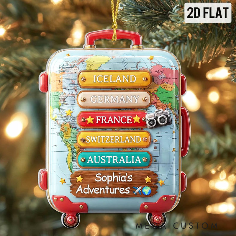 Personalized Travel 2D Flat Ornament with Countries Luggage Suitcase Christmas Tree Decor Adventure Holiday Gift for Travel Lovers