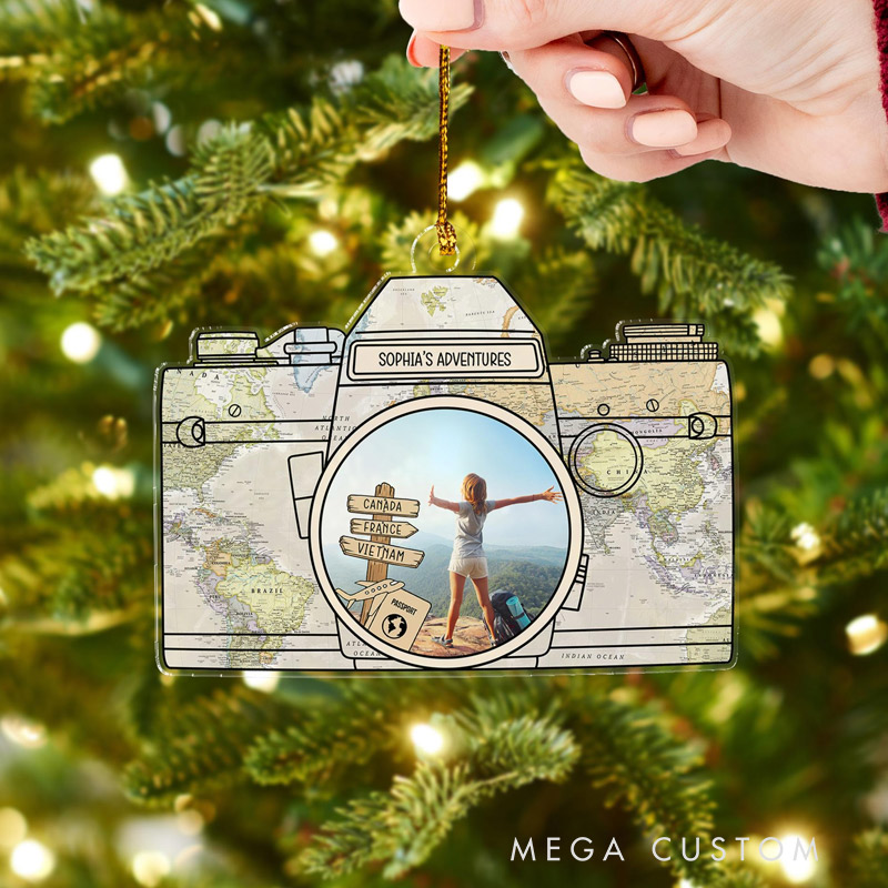 Personalized Travel Photo Camera Ornament Custom Name and Photo Gift for Travel Lovers