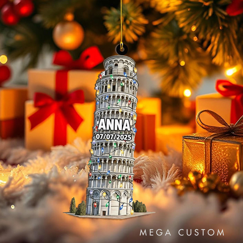 Personalised Pisa Tower Christmas Ornament Engraved Italy Trip Keepsake Custom Name Gift for Travel Lovers
