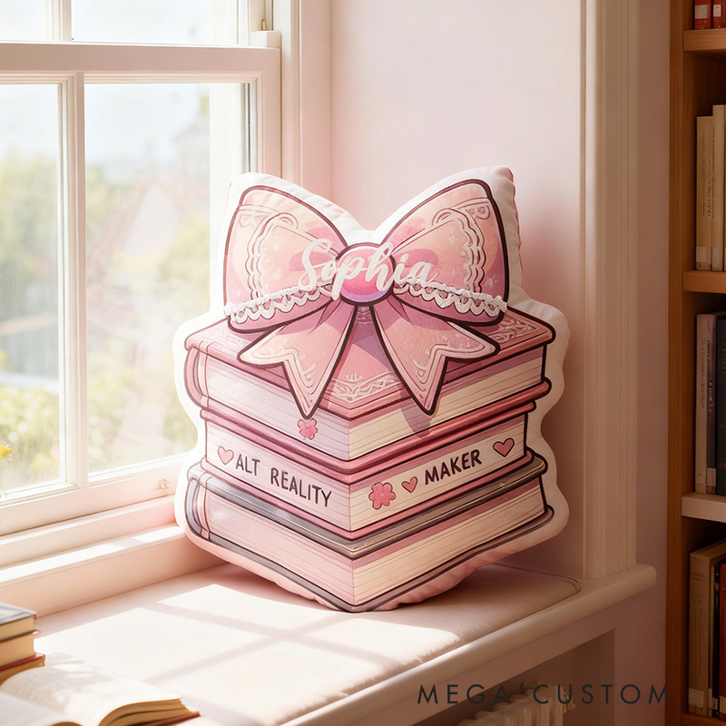 Personalized Books Pillow Graphic 3D Print Pink Bow Book and Custom Name Gift for Reading Lovers
