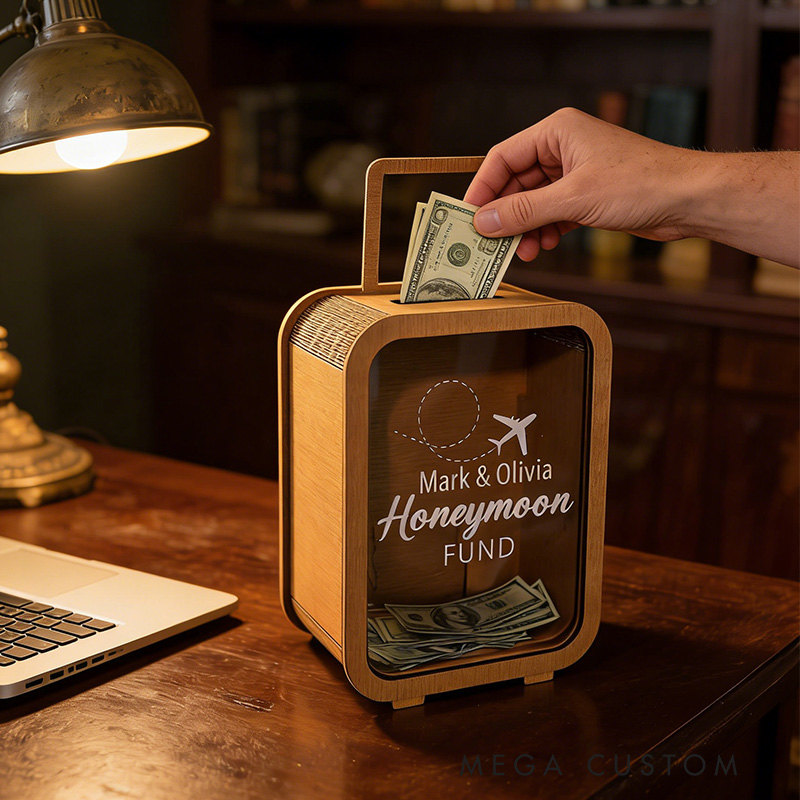 Personalized Honeymoon Fund Box Wooden Suitcase Money Bank Newlywed Travel Bridal Shower Gift