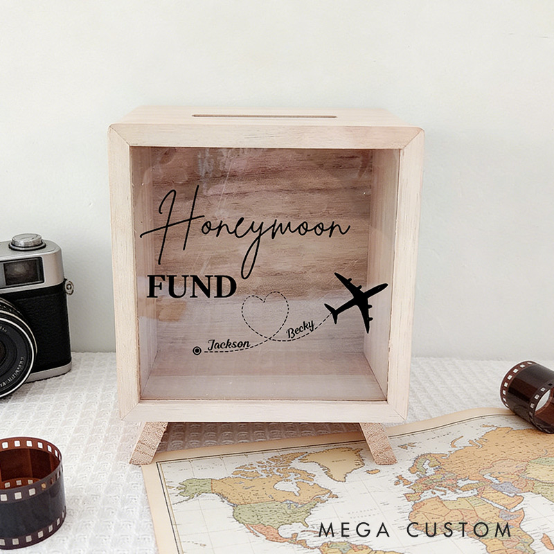 Personalized Wooden Piggy Bank Honeymoon Fund Travel Fund Gift for Travel Enthusiasts Custom Name