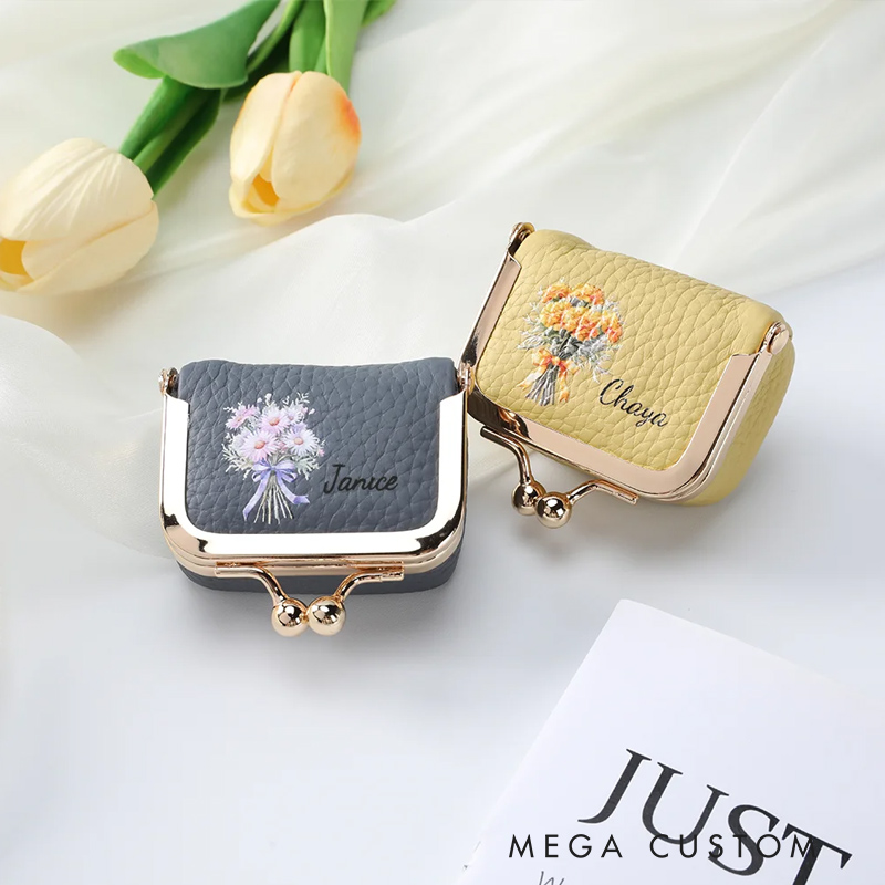 Personalized Birth Flower Bouquet Vintage Mini PU Leather Jewelry Box with Name and Kiss Lock Travel Essential Birthday Bridesmaid Gift for Women