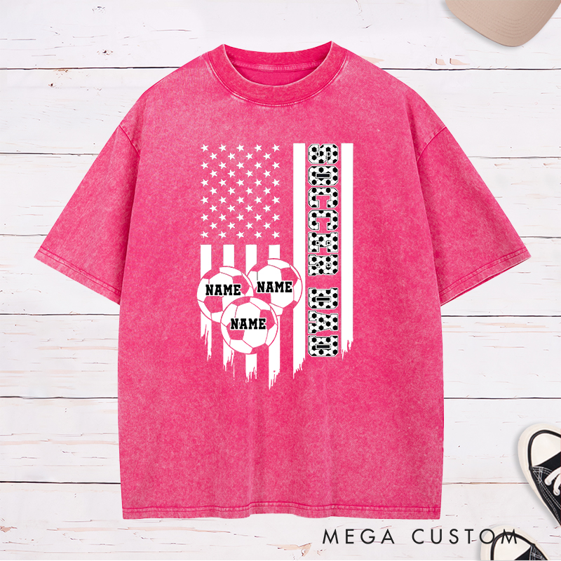 Personalized Soccer Dad Washed T-Shirt with American Flag and Custom Name