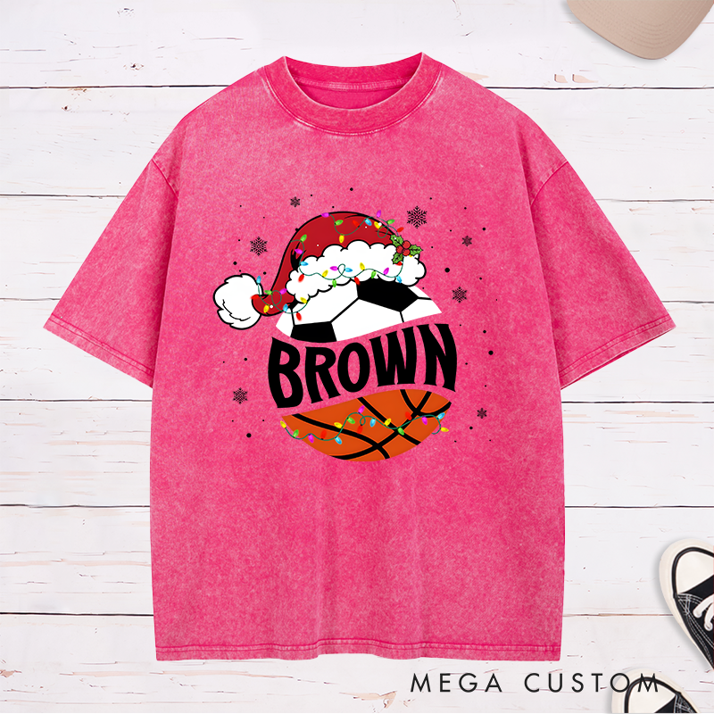 Personalized Washed T-Shirt with Custom Name, Basketball, Soccer Ball, and Santa Hat Holiday Design