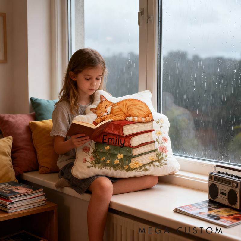 Personalized Cat Books Pillow Graphic 3D Print Floral Cat Books and Custom Name Gift for Reading Lovers