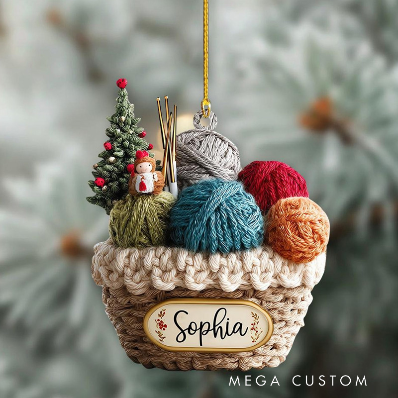 Personalized Knitting Basket Christmas Ornament 2D Flat Acrylic Yarn Decor for Knitters Crochet Lover Holiday Gift