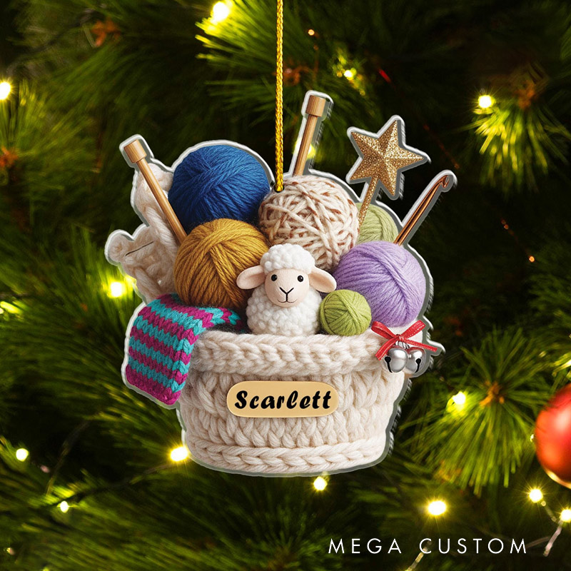 Personalized Knitting Basket Ornament Sheep and Yarn Ball Acrylic Yarn Christmas Decor for Knitters 